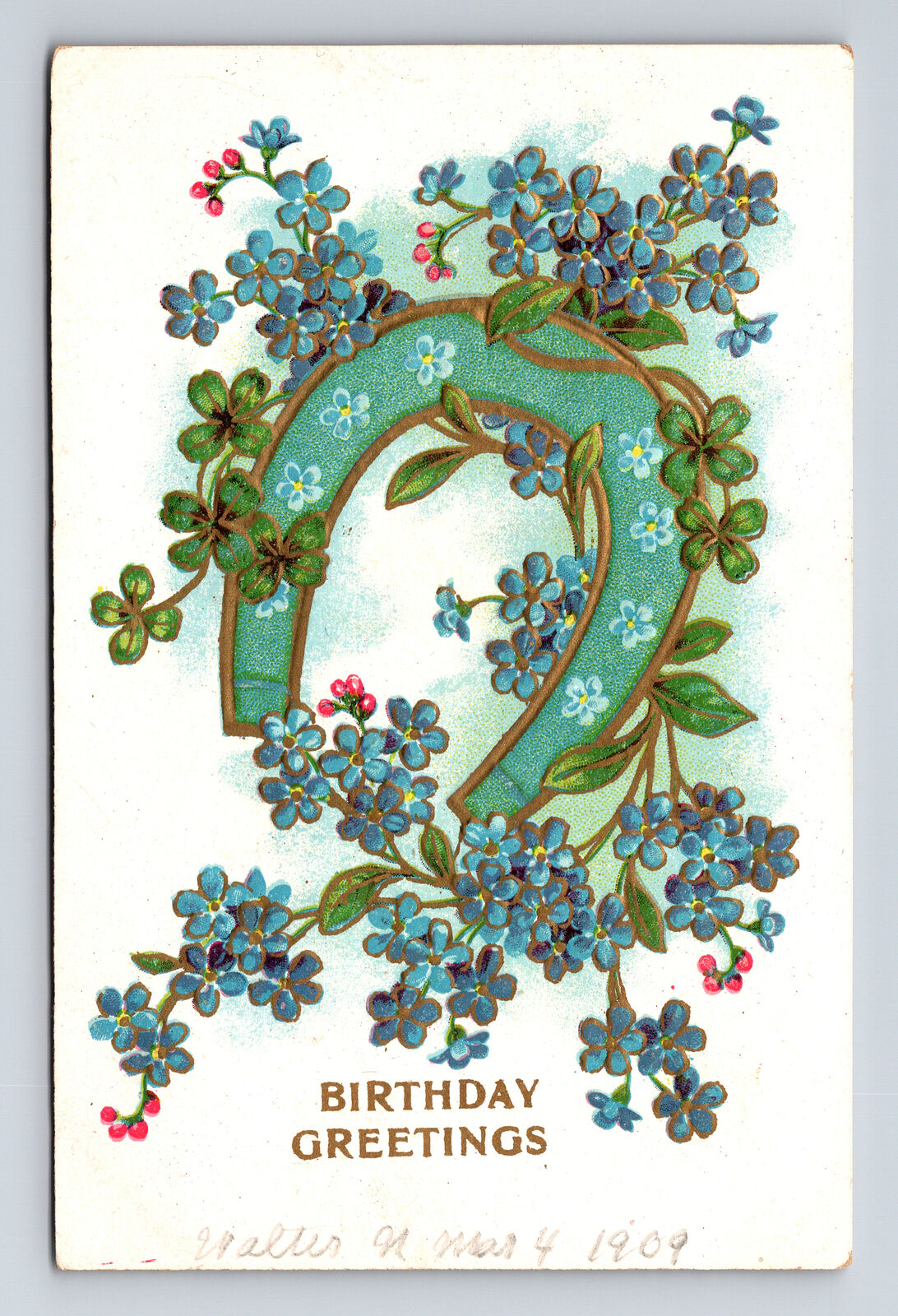 1909 Birthday Greetings Lucky Horseshoe Forget Me Not Flowers Postcard