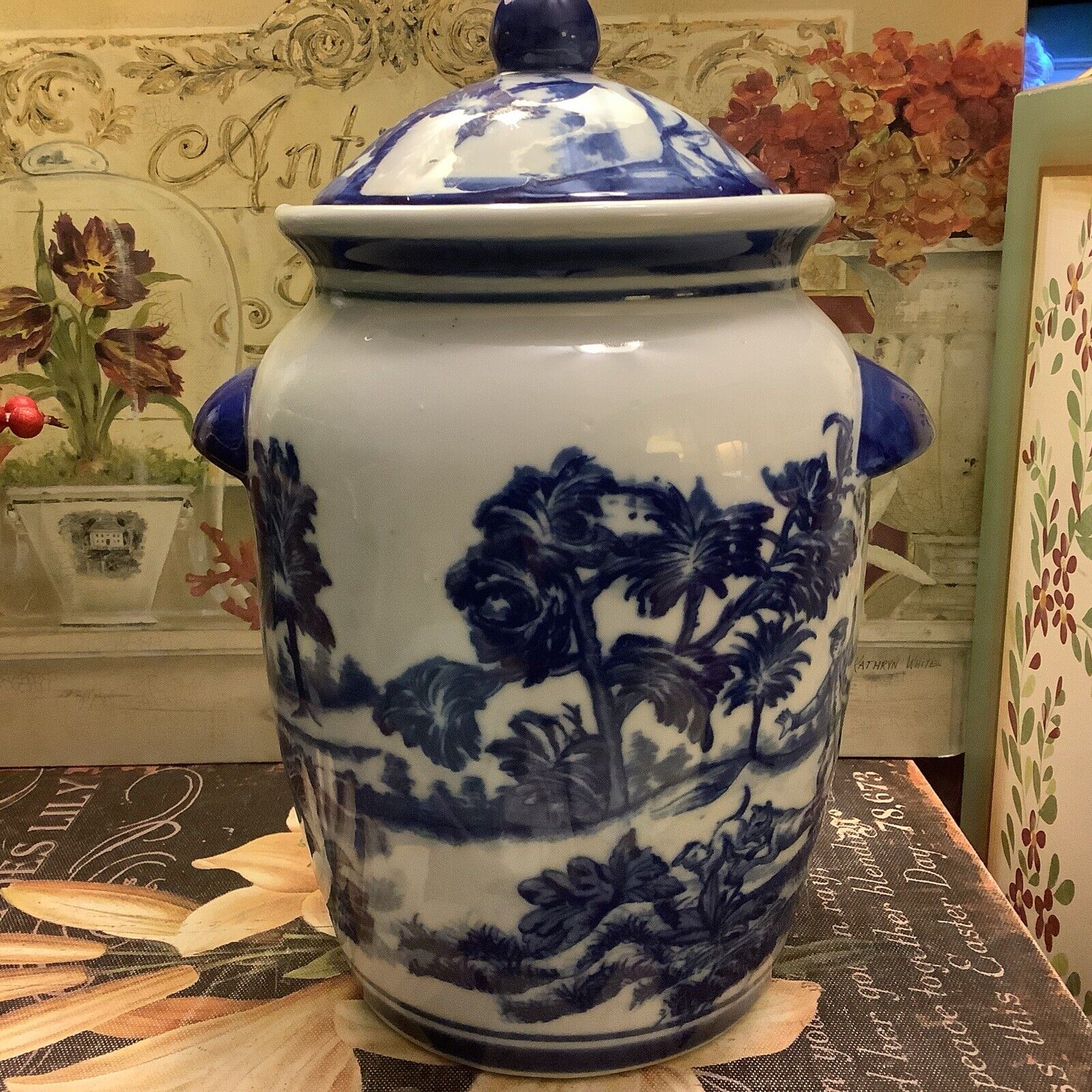 NEW~18th Century Blue & White Toile Pattern~Ginger Jar/Canister~9.75”H~#2~Lovely