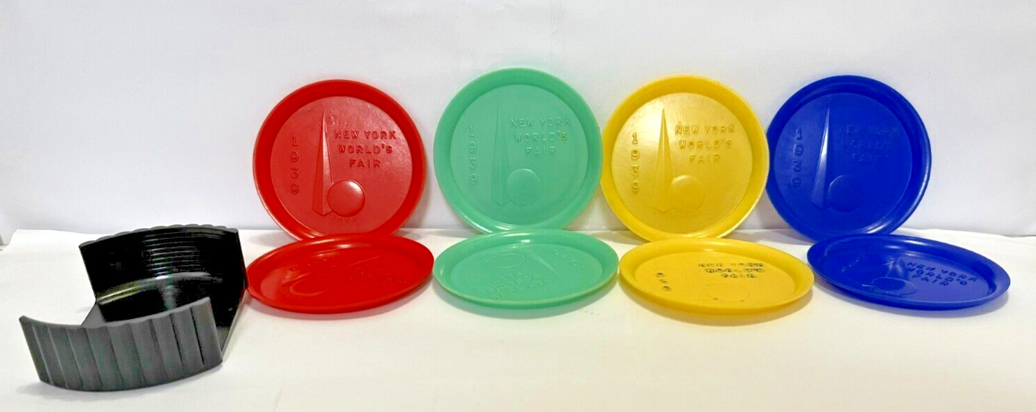 Vintage 1939 New York Worlds Fair Lot Of 9 Plastic Coasters With Holder Read