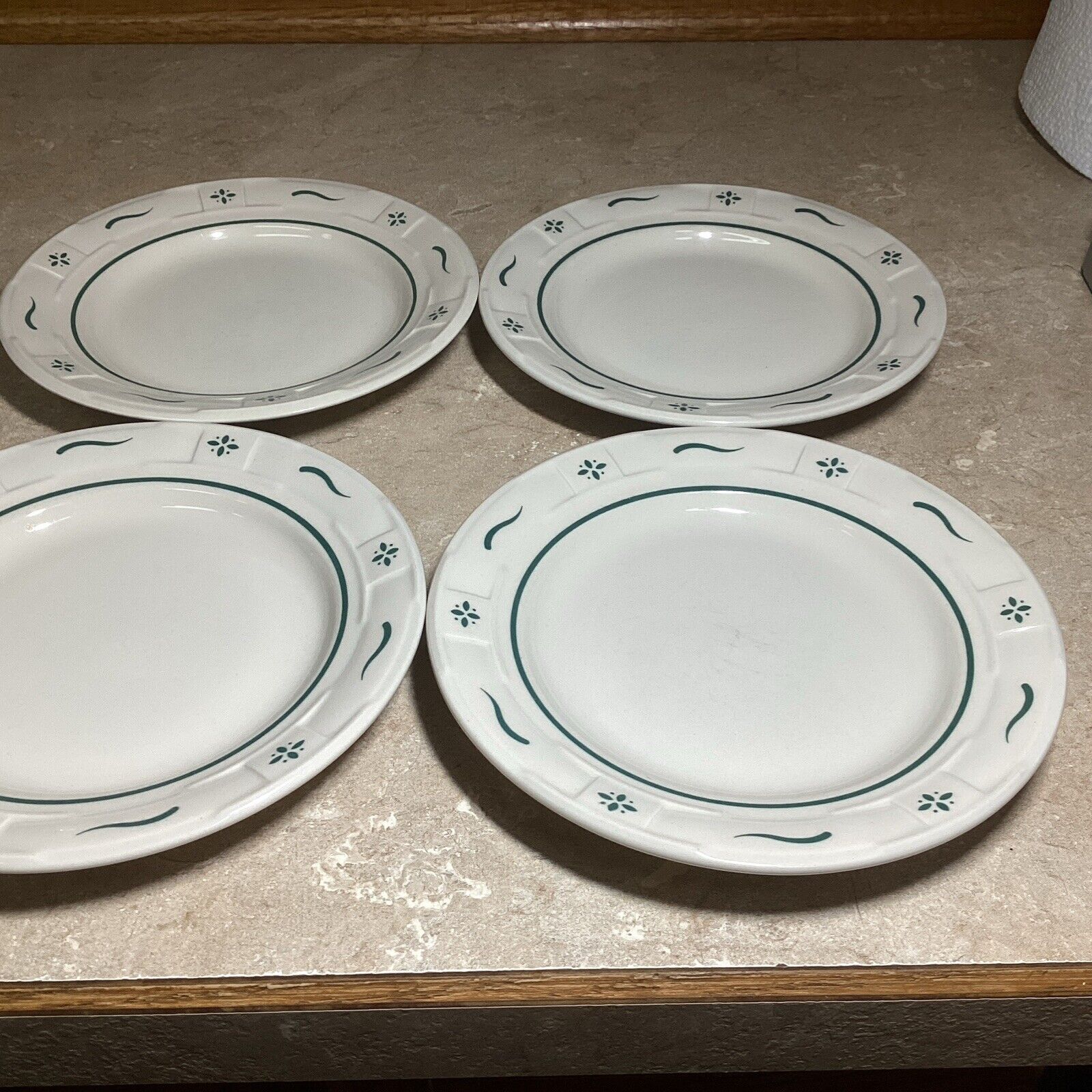 4 Longaberger Pottery Woven Heritage Green Trim 7 1/4” Plates USA