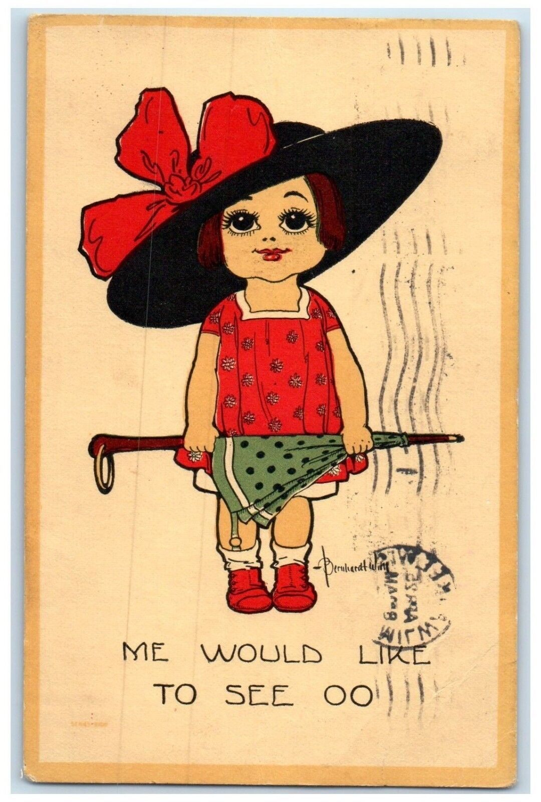 c1910's Pretty Girl Big Hat Umbrella Me Would Like To See OO Wall Postcard