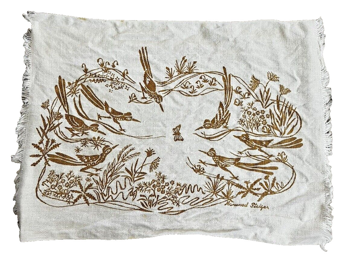 Vintage MCM HARWOOD STEIGER Hand Printed Linen Southwestern Roadrunner Placemat