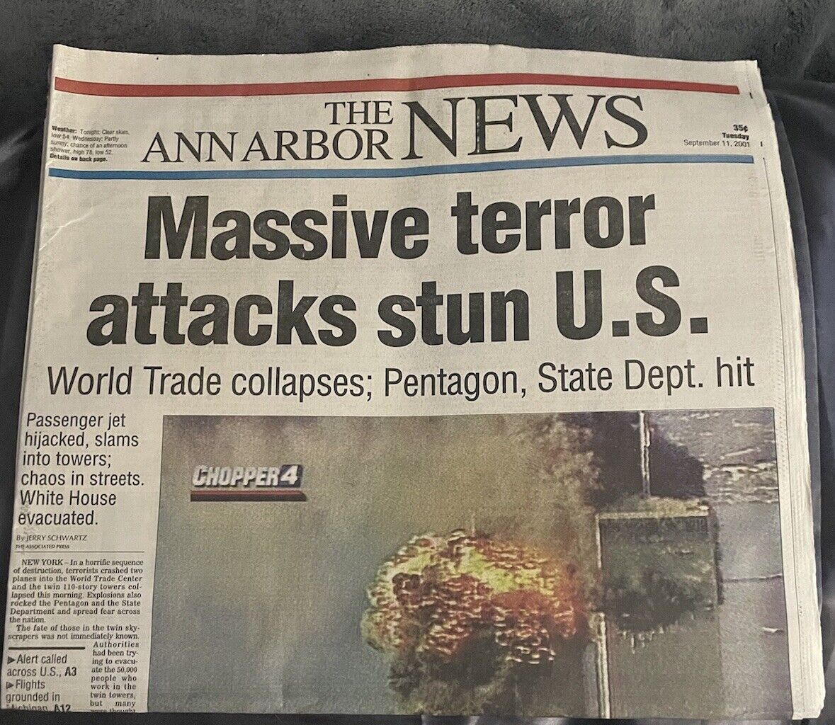 Ann Arbor news September 11, 2001 Twin Towers Newspaper