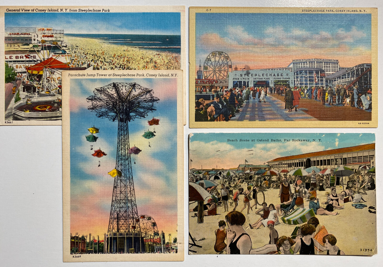 4 1930\'s Coney Island, New York Linen Postcards ~ Ostend Baths, Far Rockaway NY