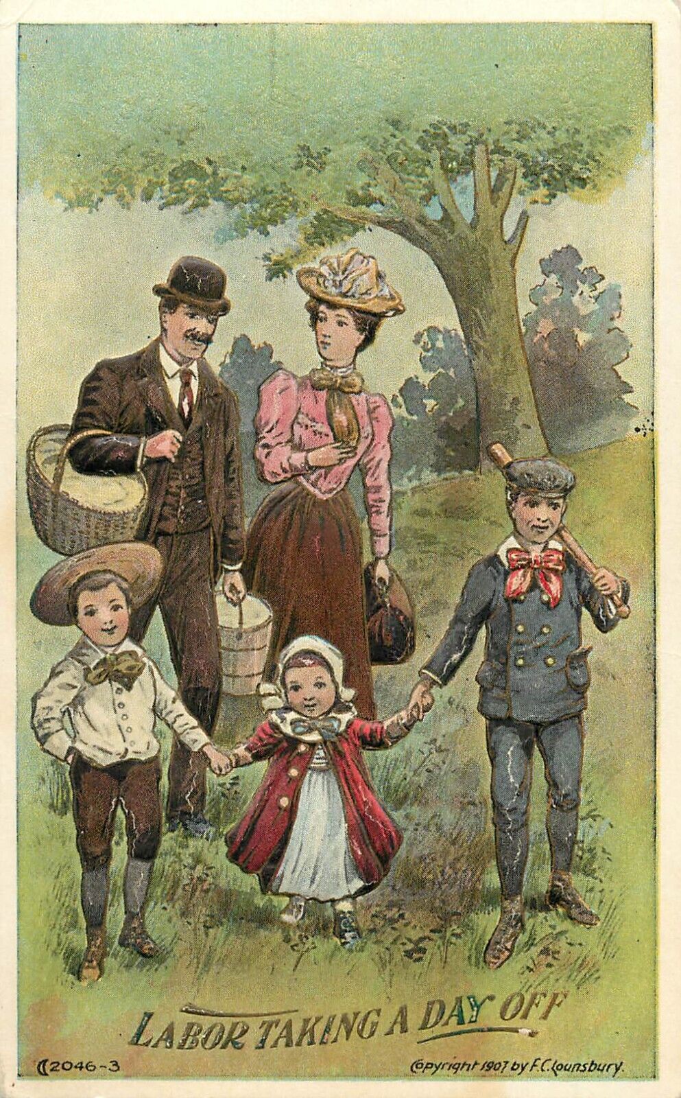 Embossed Labor Day Postcard Lounsbury Happy Family on Day Off Picnic 2046-3
