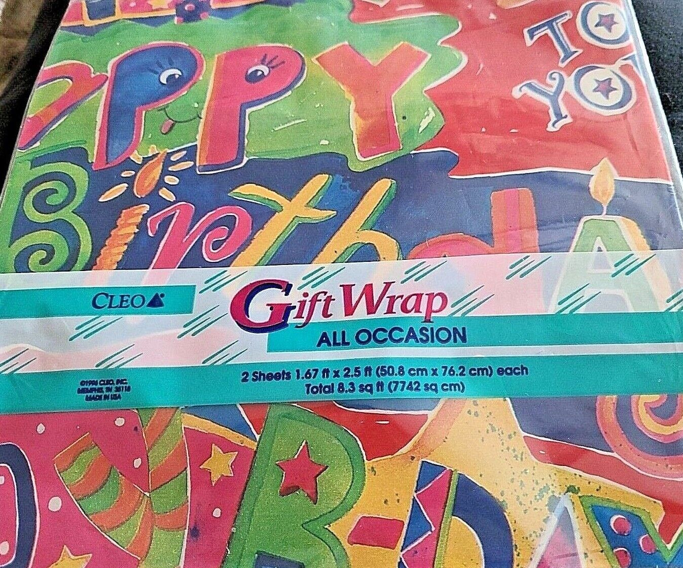 Vintage Cleo Birthday Gift Wrap Wrapping Paper NEW NOS USA 2 Sheets Bold Colors