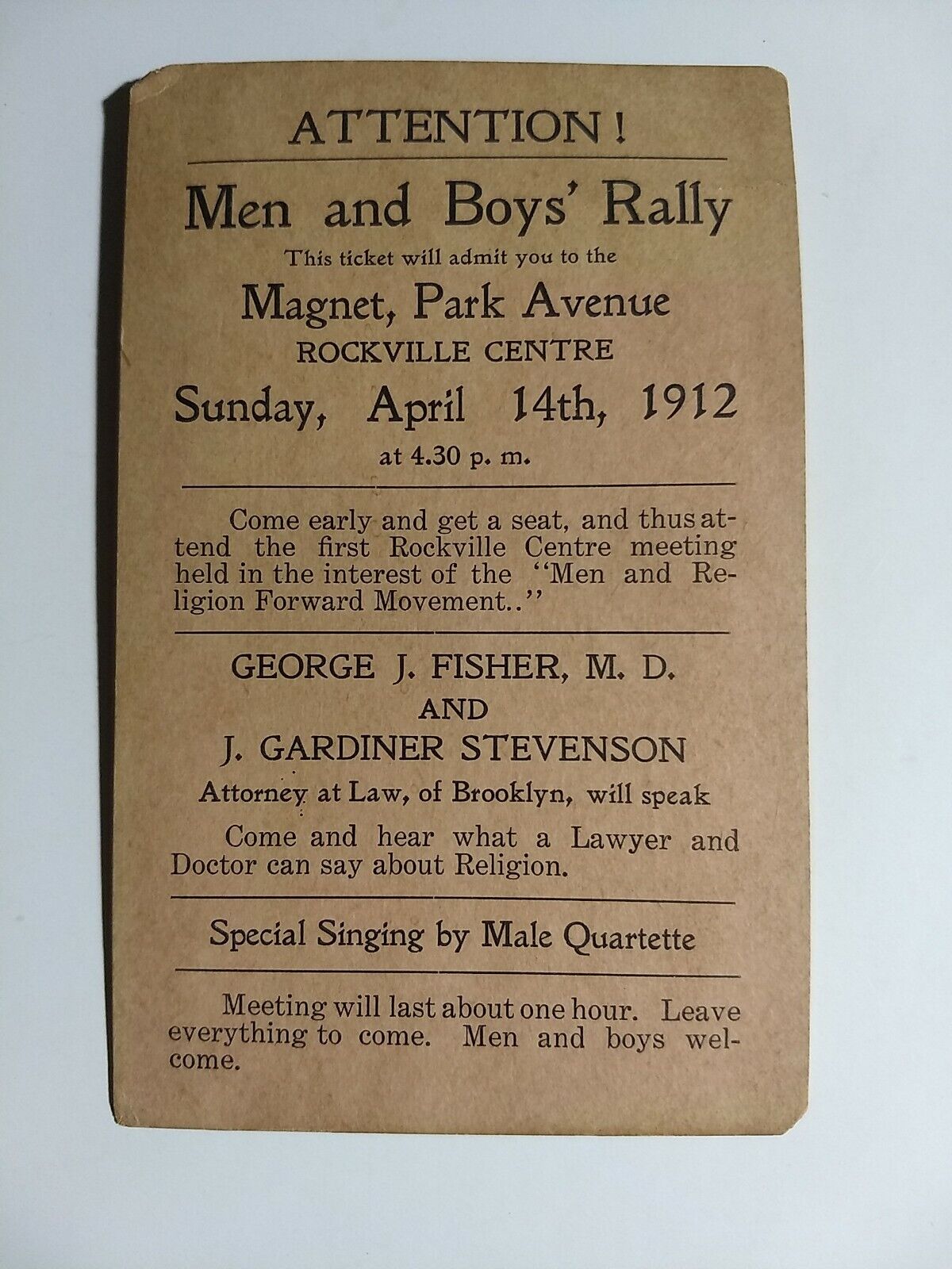 Vtg 1912 Evangelist Ad Card Men & Religion Forward Movement Rockville Centre NY