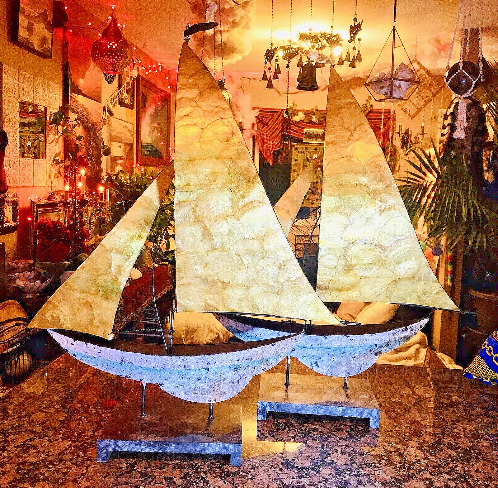 Sweet Sailing Seven Seas Bohemian Metal Mother Pearl Hand Paint Large Art Boats
