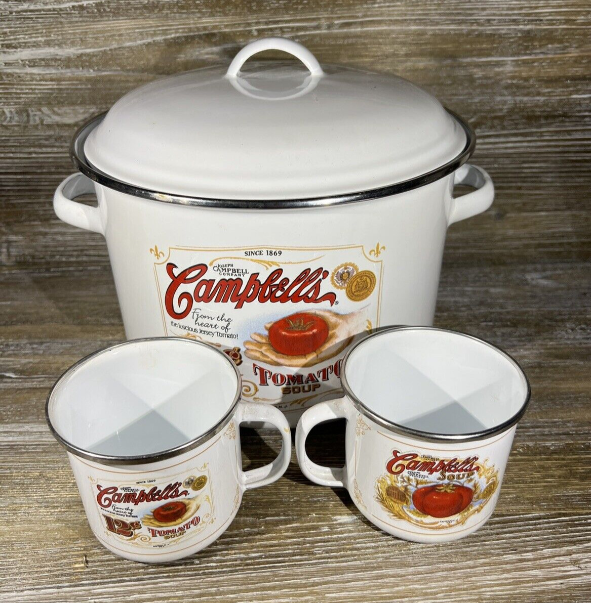 Vintage 2001 Collectible Campbell's Tomato Soup Metal White Pot with 2 Cups Set