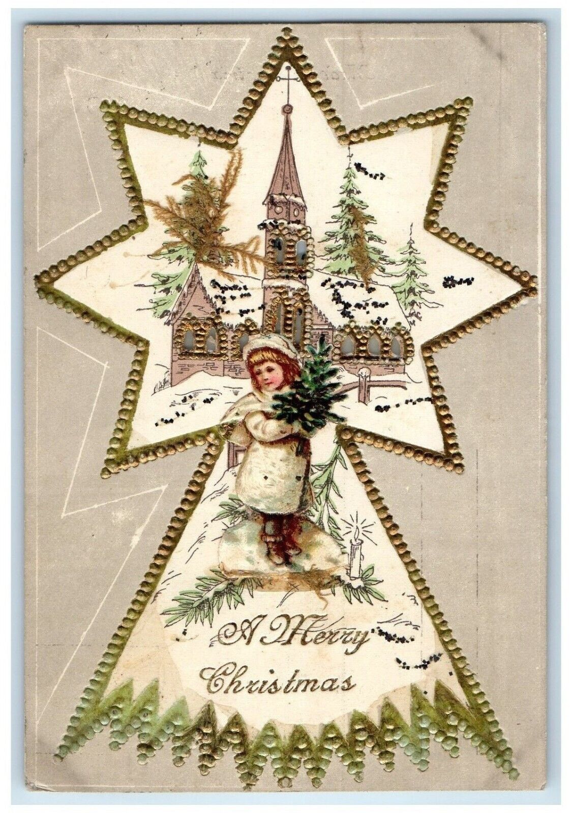 c1910's Christmas House Church Girl Hold To Light HTL Embossed Antique Postcard
