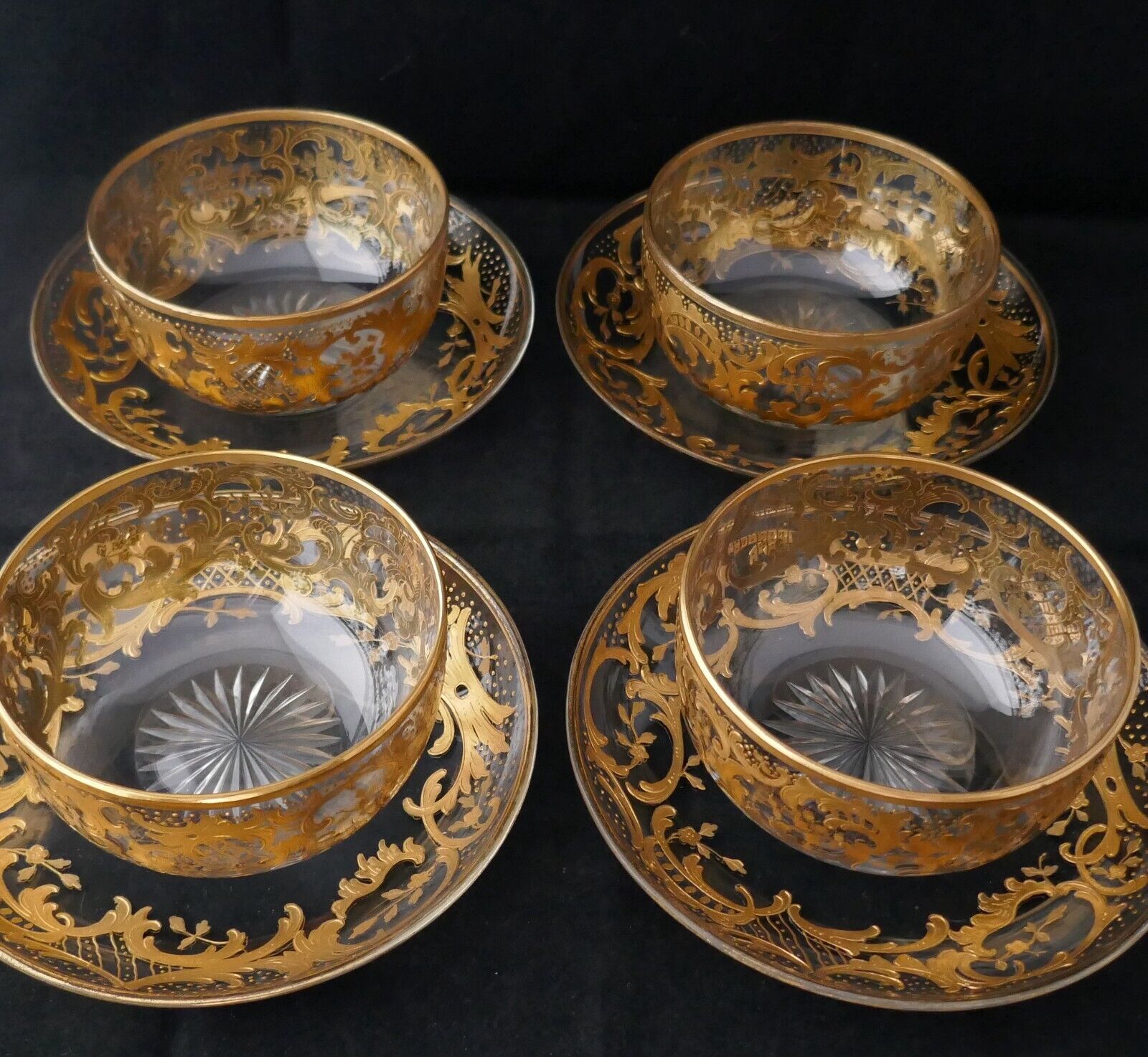 Antique Set 4 MOSER Hand painted  Gold enameled Finger Dessert Bowls & Plates