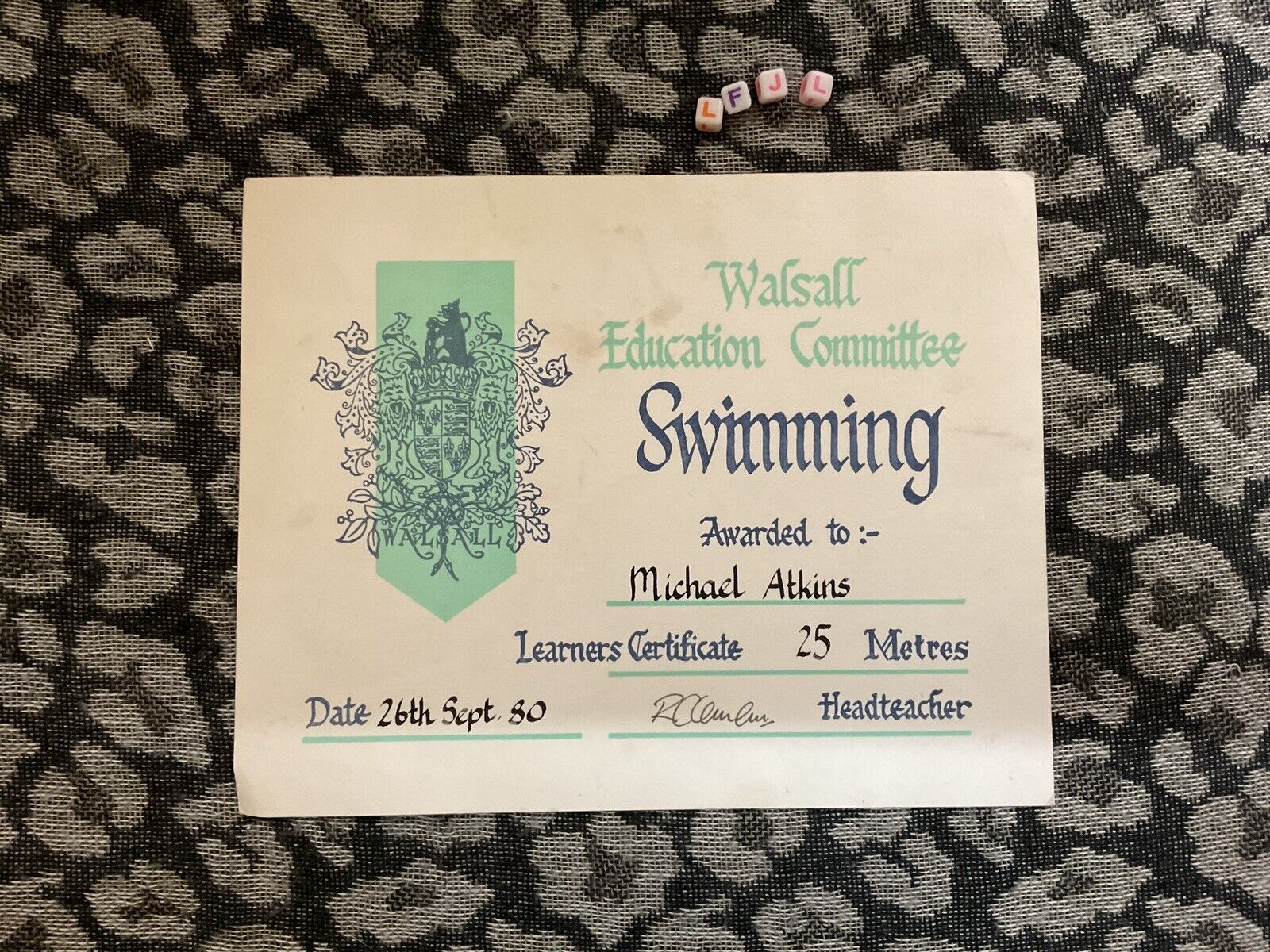 1980 Vintage Swimming Certificate , Walsall West Midlands