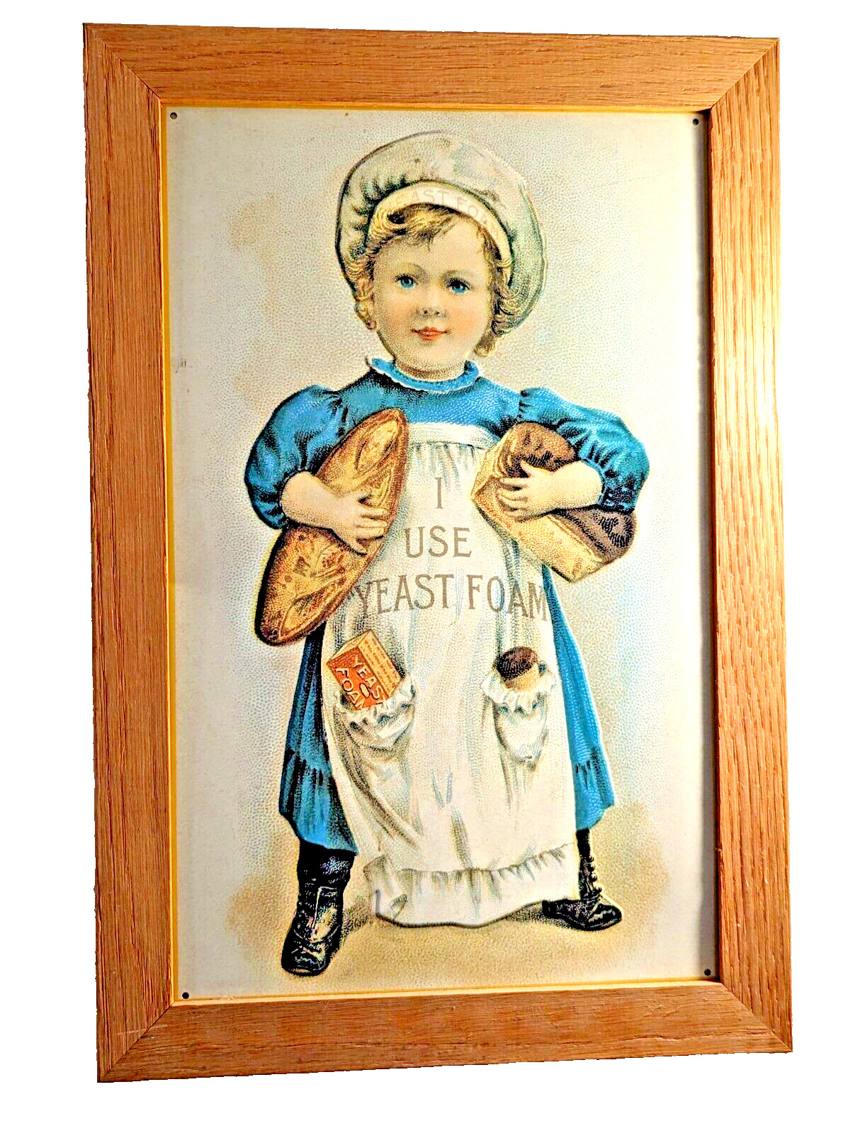 I Use Yeast Foam Embossed Tin Sign Wood Frame Vintage Girl Baker 19 x 13 inch