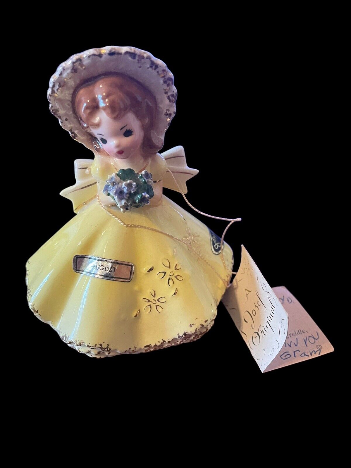 Vintage Josef Originals Girl Figurine August Yellow Dress Stickers Tag Attached