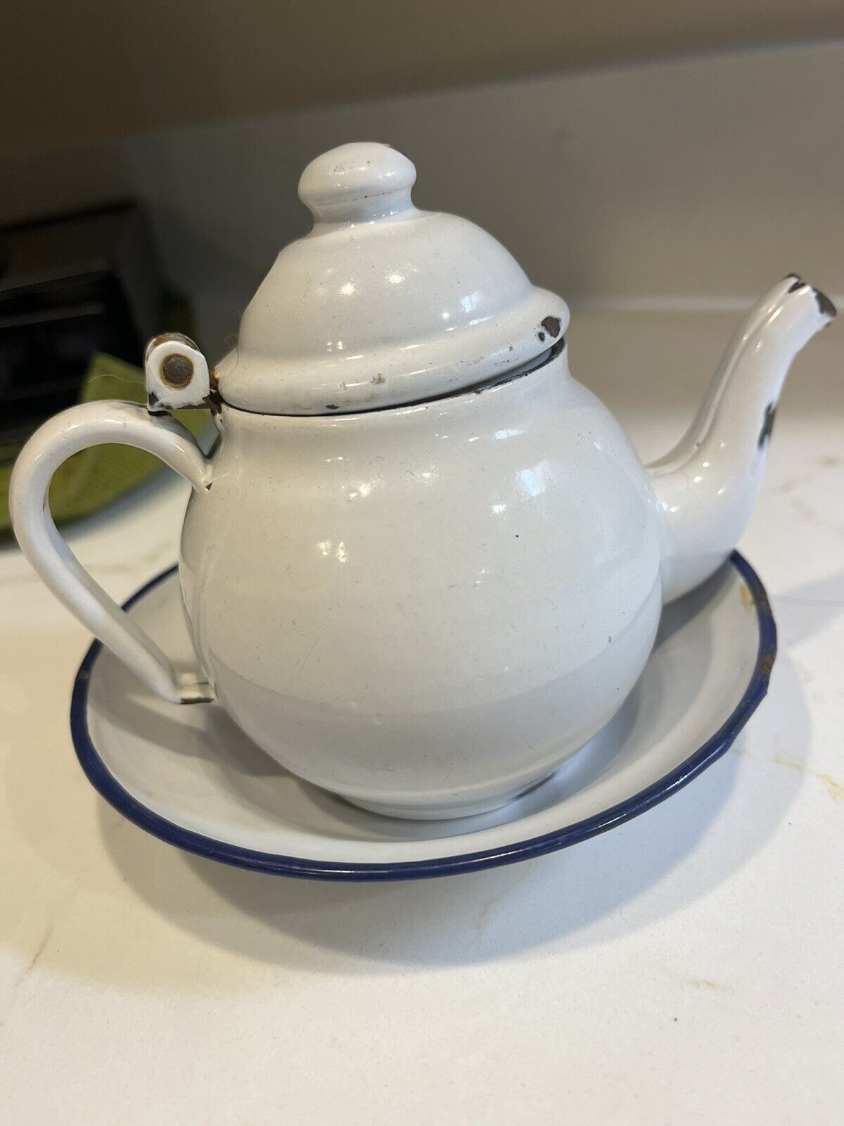 Vintage Enamel petite Teapot With Saucer.  Just Adorable