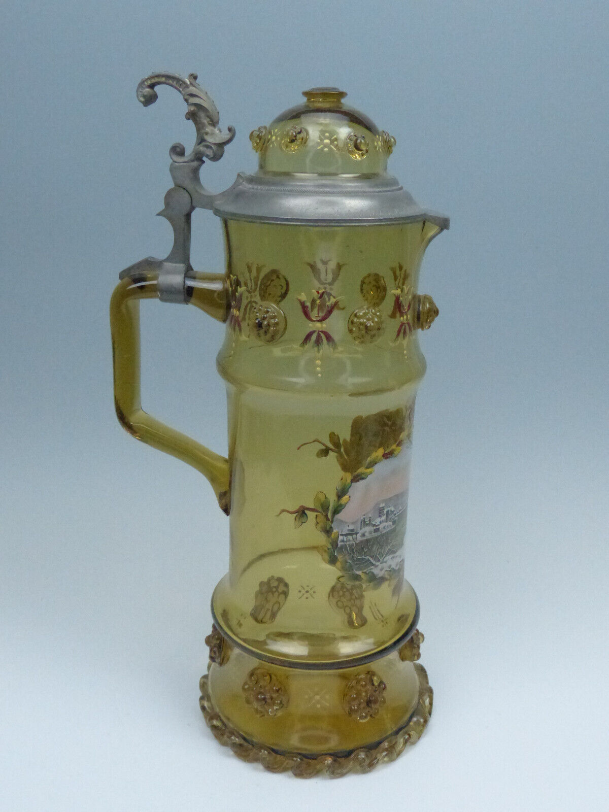Rare Large Theresienthal Enameled Antique 1888 Bohemian Glass Stein Tankard