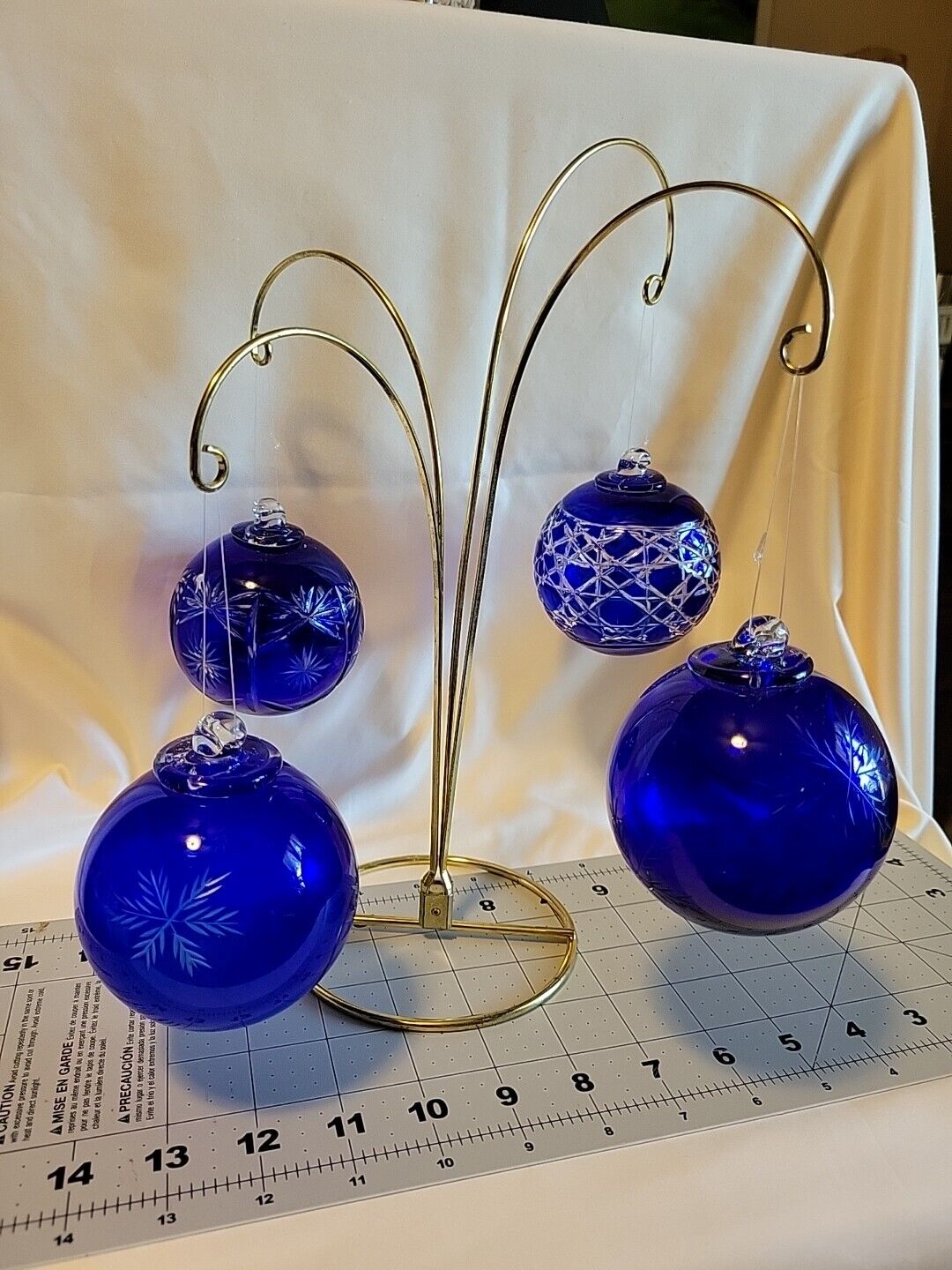 4 Vintage Cobalt Blue Cut to Clear Bohemian Glass Christmas Ornaments Estate 