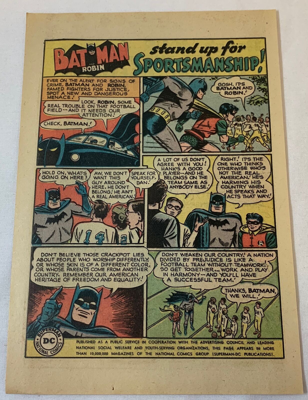 1949 BATMAN Anti-Racism Civil Rights PSA ad page ~ Stand Up for Sportsmanship