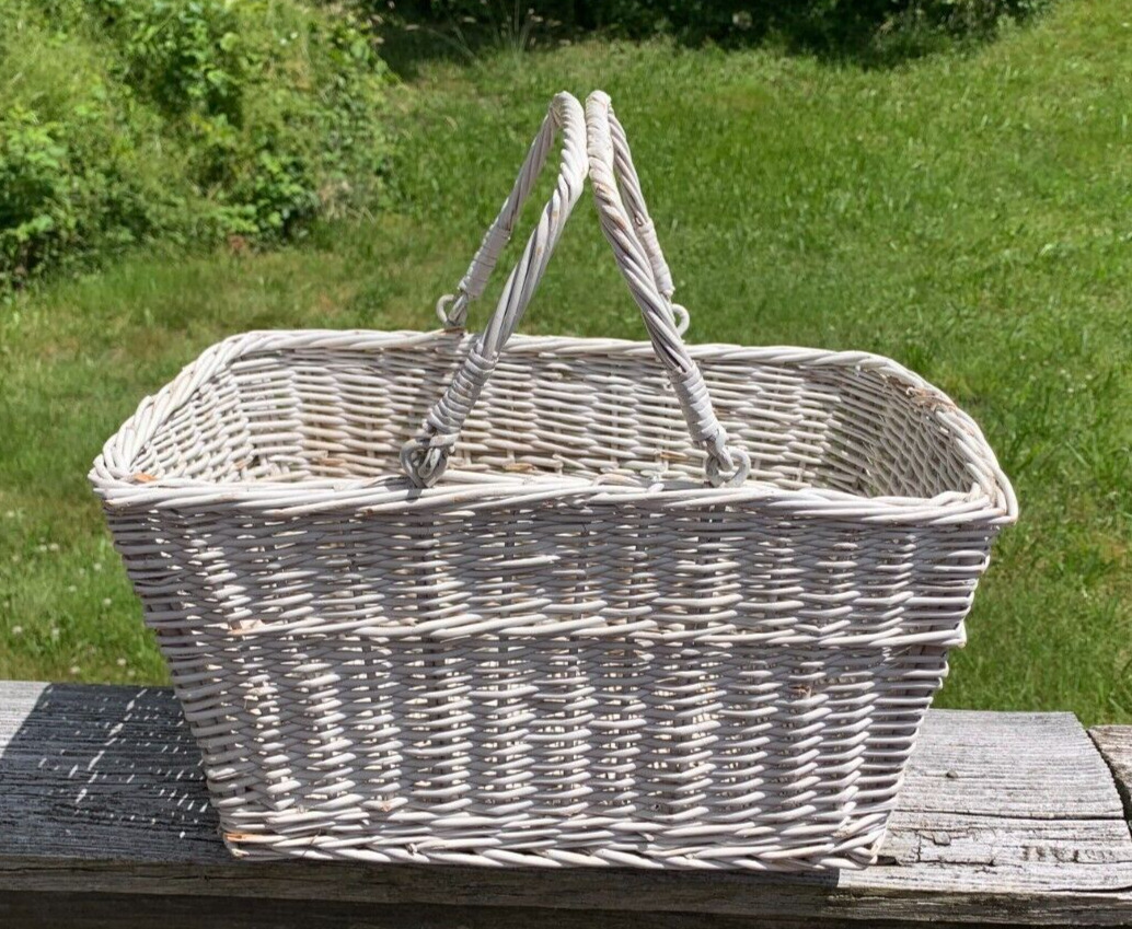 Vintage White Wicker Basket With 2 Swing Handles, Great for Storage