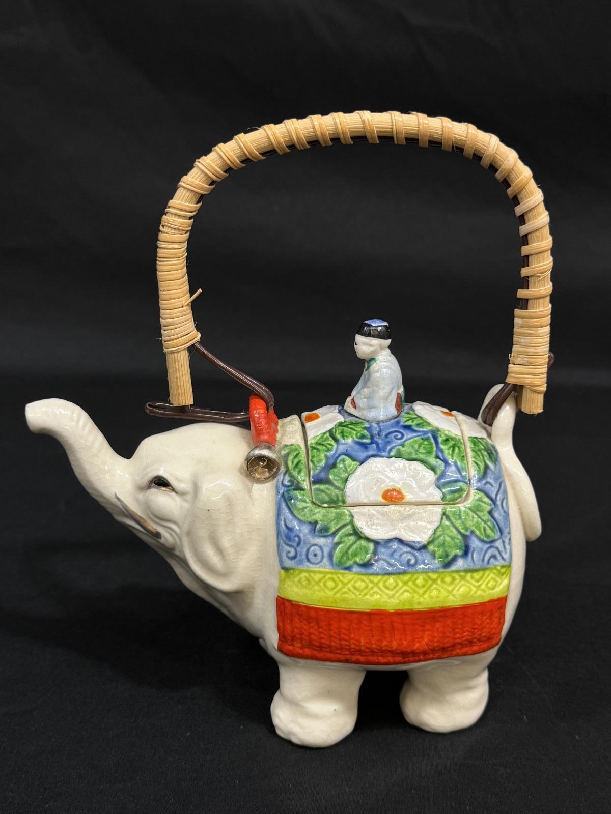 Vintage Ceramic Elephant And Rider Teapot With Bamboo Handle