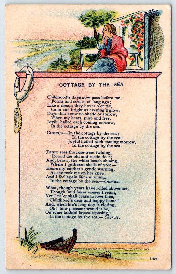 1910\'s COTTAGE BY THE SEA SONG LYRICS NAUTICAL BEACH ANTIQUE POSTCARD
