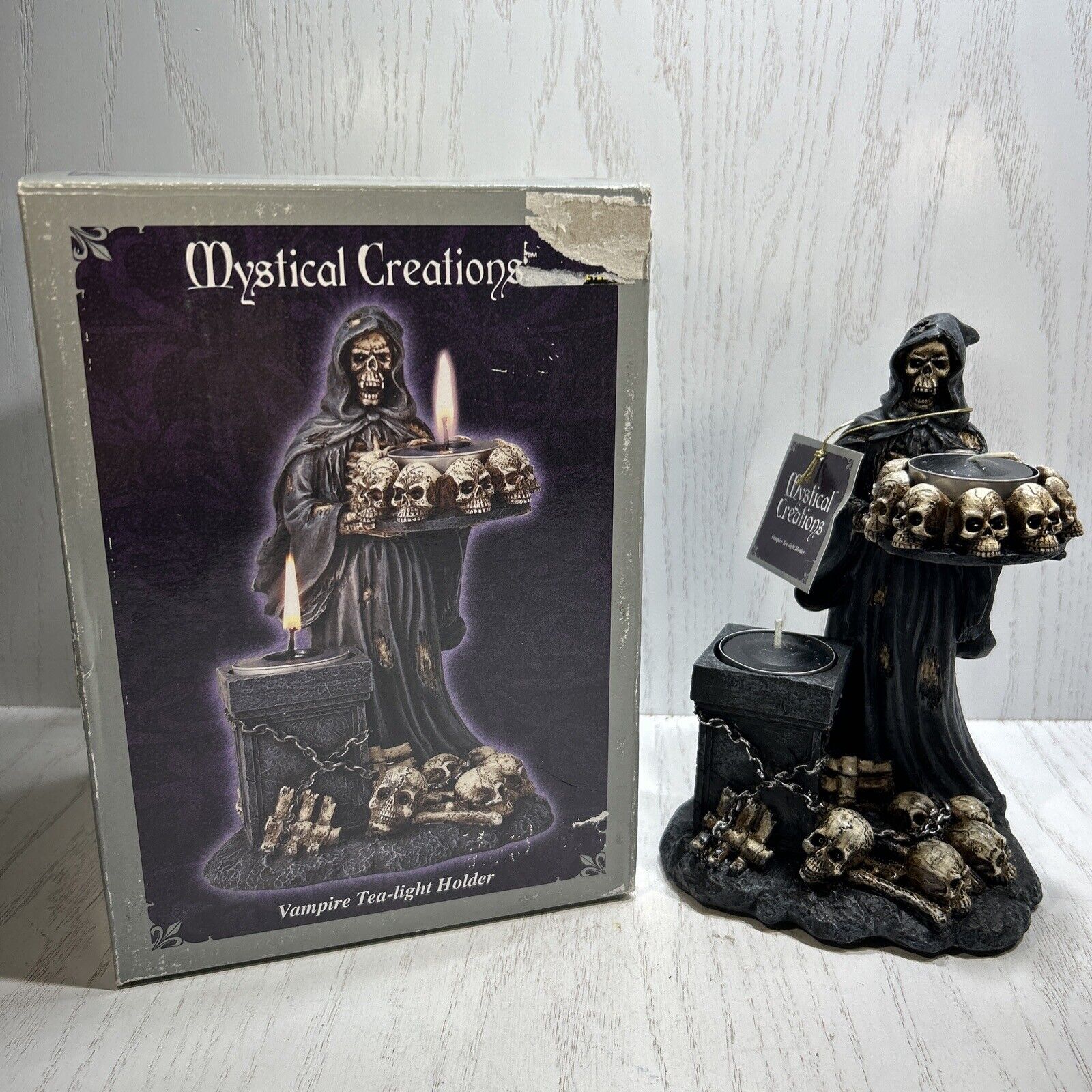 Vtg RARE Mystical Creations - Vampire Skeleton w Tray of Skulls Tea Light Gothic
