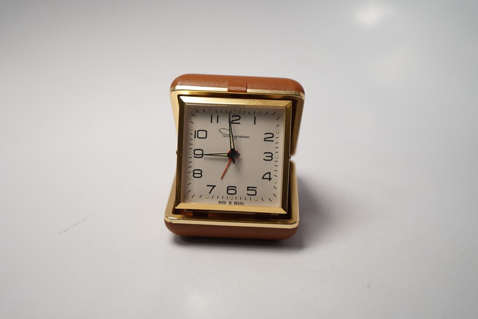 Vintage Ingraham Travel Alarm Clock Gold Frame Brown Case