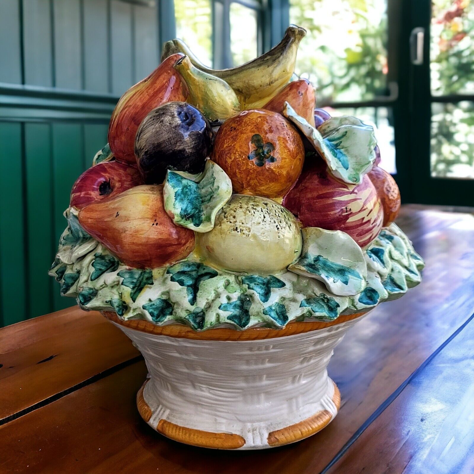 Majolica Ceramic Fruit Vegetable Basket Tureen Hand Painted Italy Vintage