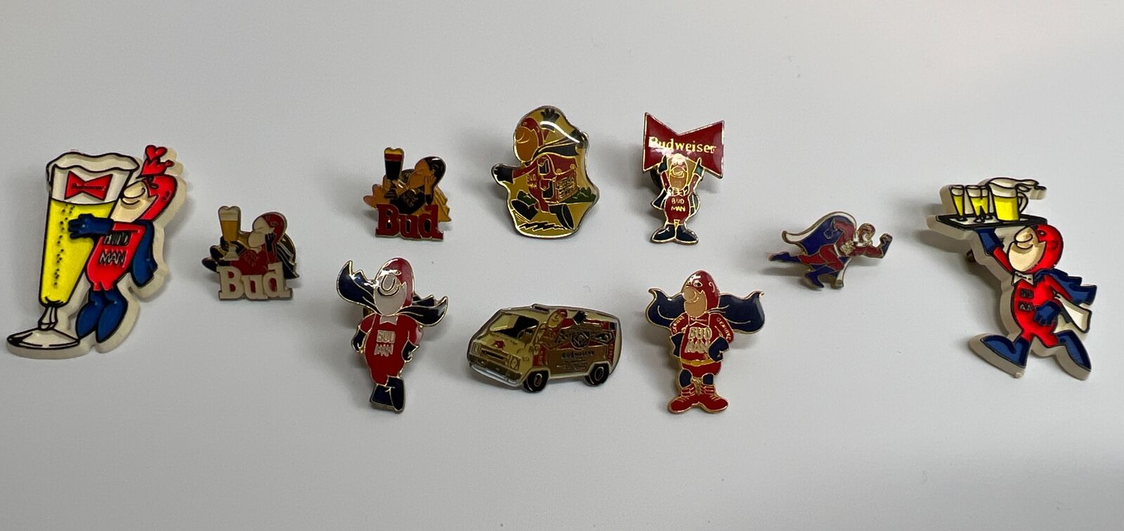 Vintage Lot Set of 10 Budweiser Bud Man Pins Beer Collectibles