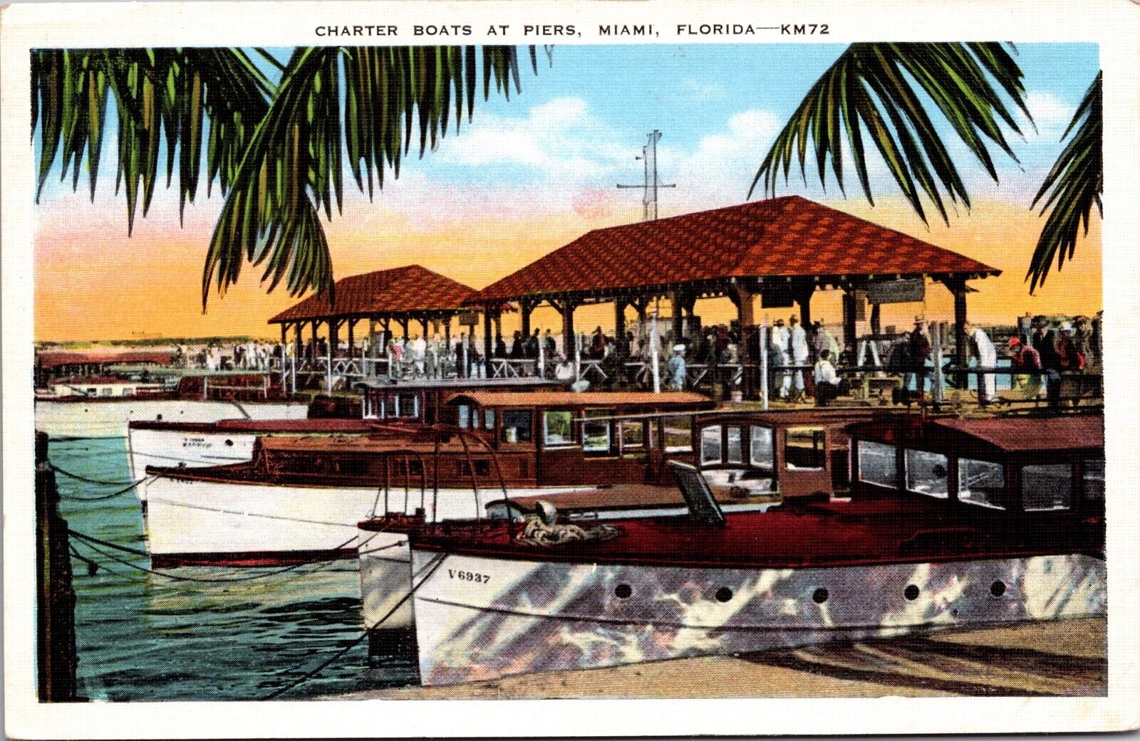 Linen Postcard Charter Boats at Piers in Miami, Florida~135704