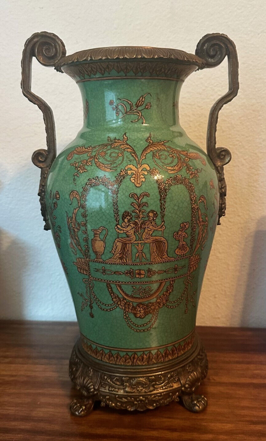 Vintage Chinese Green Porcelain & Bronze Mantel Vase Urn, 14.25