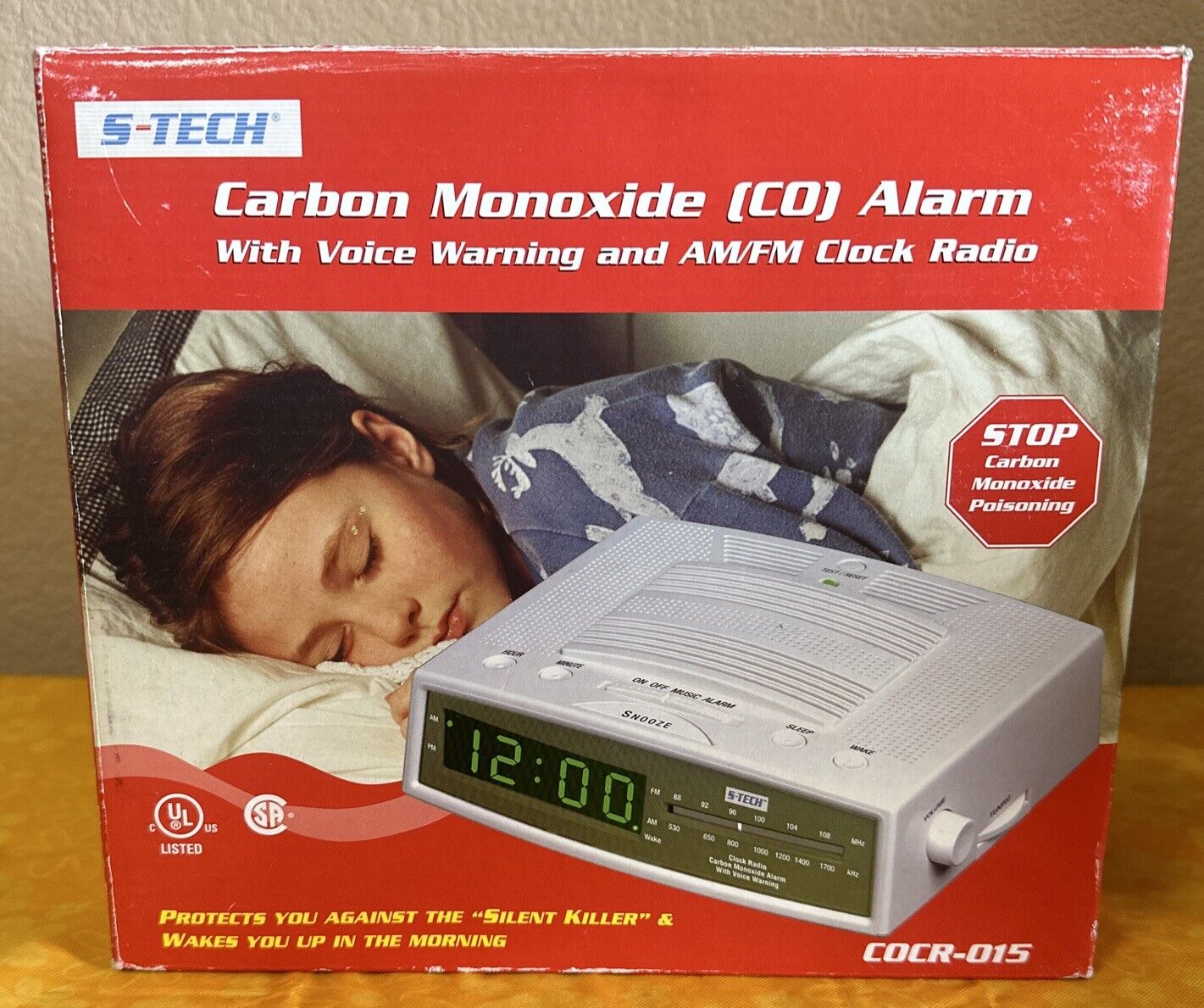New S Tech Carbon Monoxide Alarm Clock Am/Fm Radio Voice Warning Battery Back-up