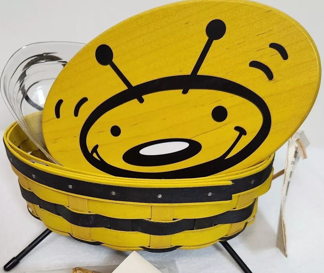 Longaberger 2009 Bee Basket Yellow Black+Bee Face Lid+Wings+Protector+Card NOS