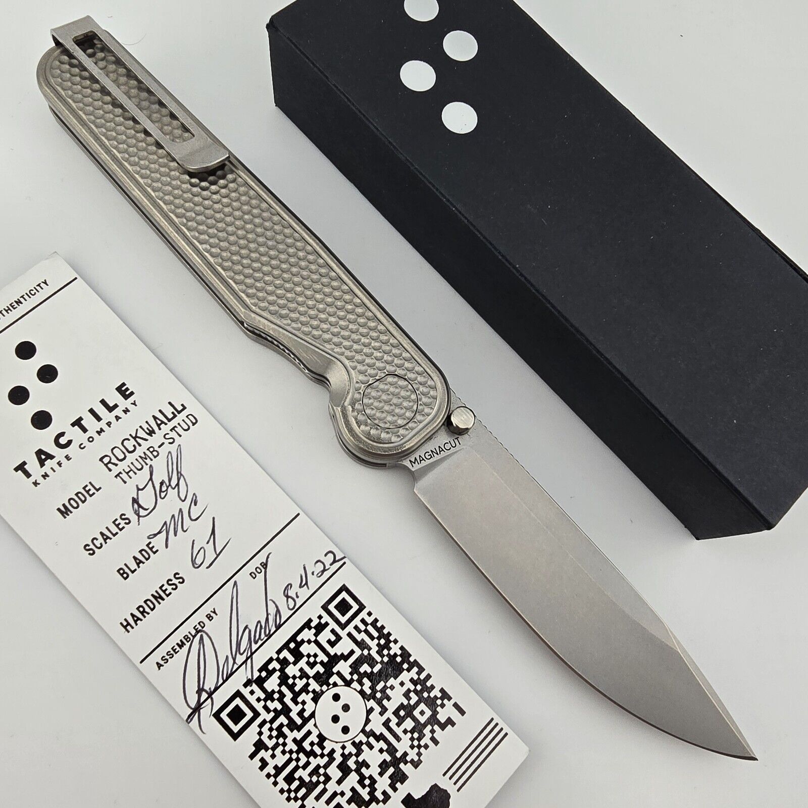 Tactile Knife Co Rockwall Thumb Stud Knife Golf Pattern Titanium Magnacut Blade