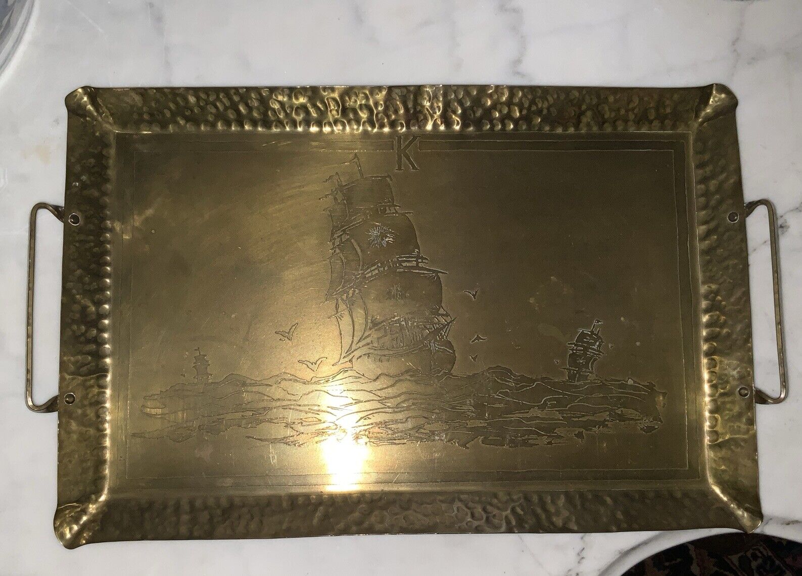 Vintage Solid Brass Hand Etched Rectangular Tray  17” X 11.5 Wide