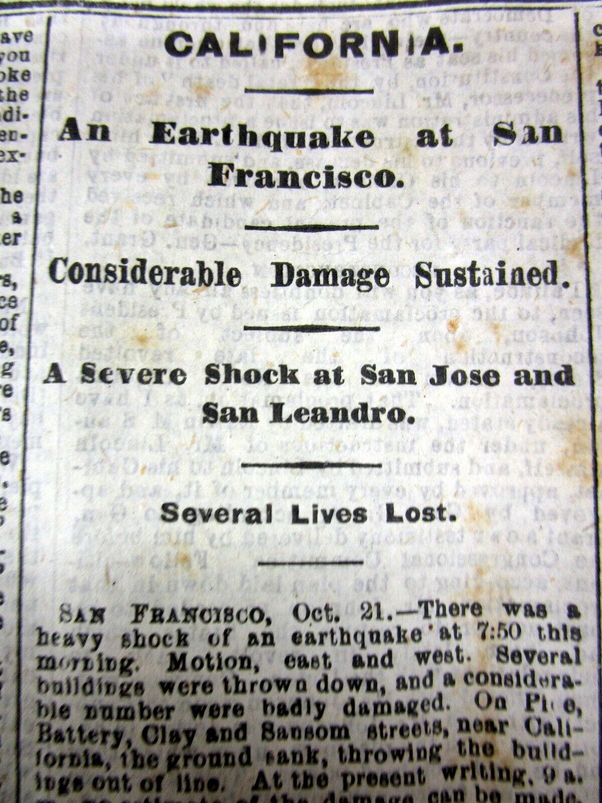 1868 newspaper GREAT HAYWARD SAN FRANCISCO BAY EARTHQUAKE Destroys California 