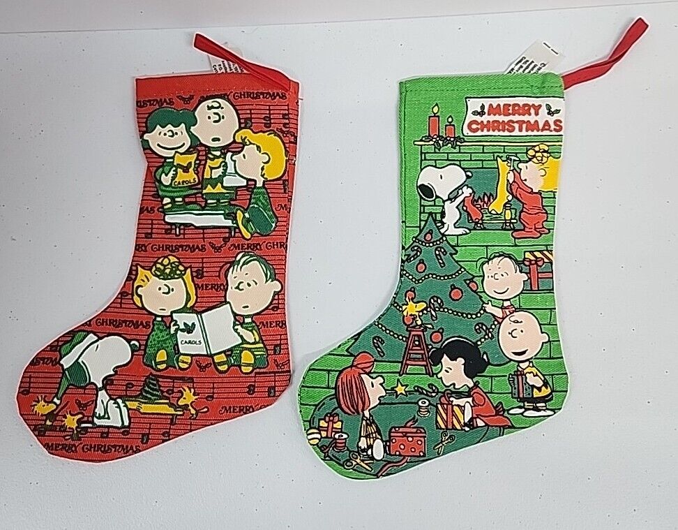 Two Vintage 1966 United Feature Syndicate Peanuts Gang Christmas Stocking Snoopy