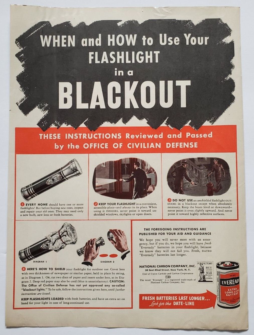 1942 Eveready Batteries Vintage WWII Print Ad Using Your Flashlight Blackout