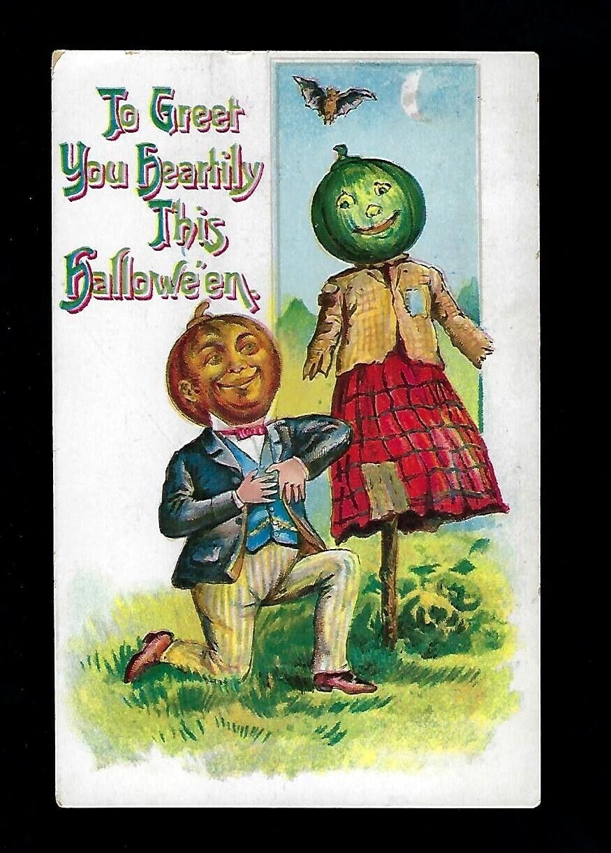 Early 1900's Halloween Postcard Green JOL Scarecrow, JOL Head Man