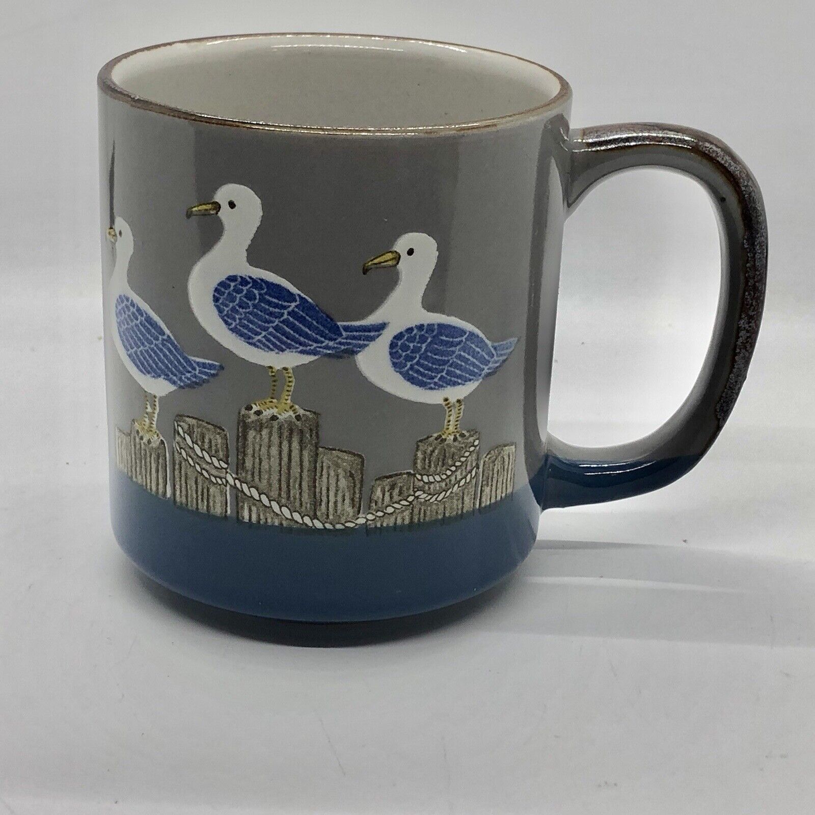 Otigari Coffee Mug  With 5 Sea Birds Standing On The Dock Dark Gray VINTAGE