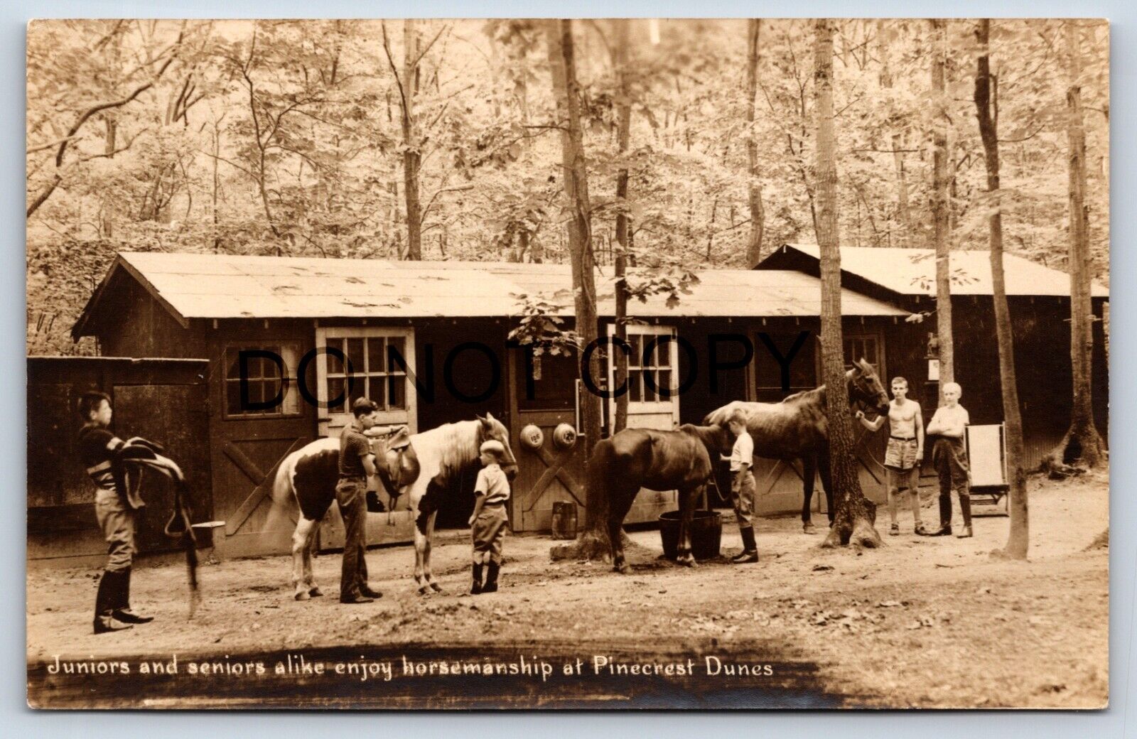 Peconic Long Island NY RPPC Boys Seniors Horsemanship Saddle Barn Postcard I1