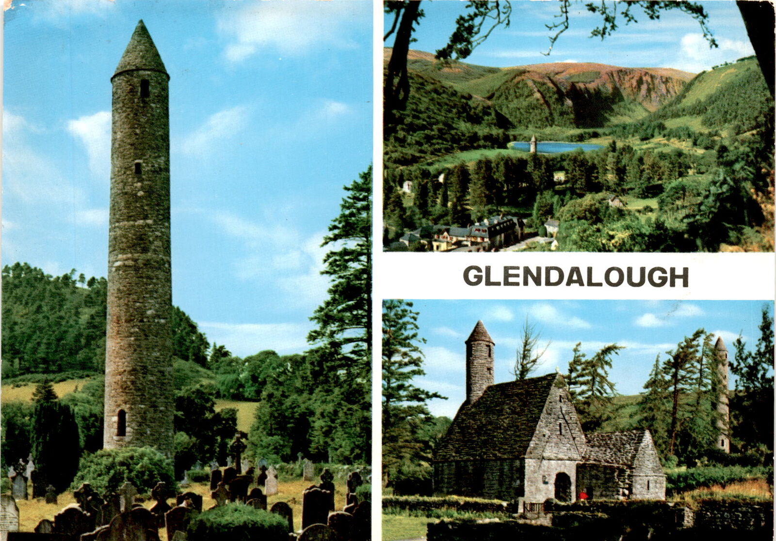 Glendalough, St. Kevin, sixth century, monastic city, Round Tower, John Postcard