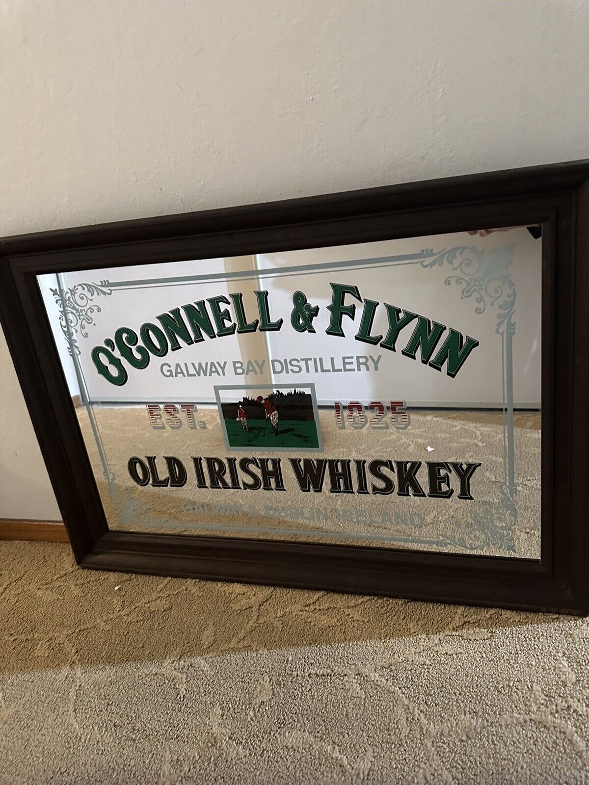 Vtg O'Connell & Flynn Framed Bar Mirror Galway Bay Distillery Old Irish Whiskey