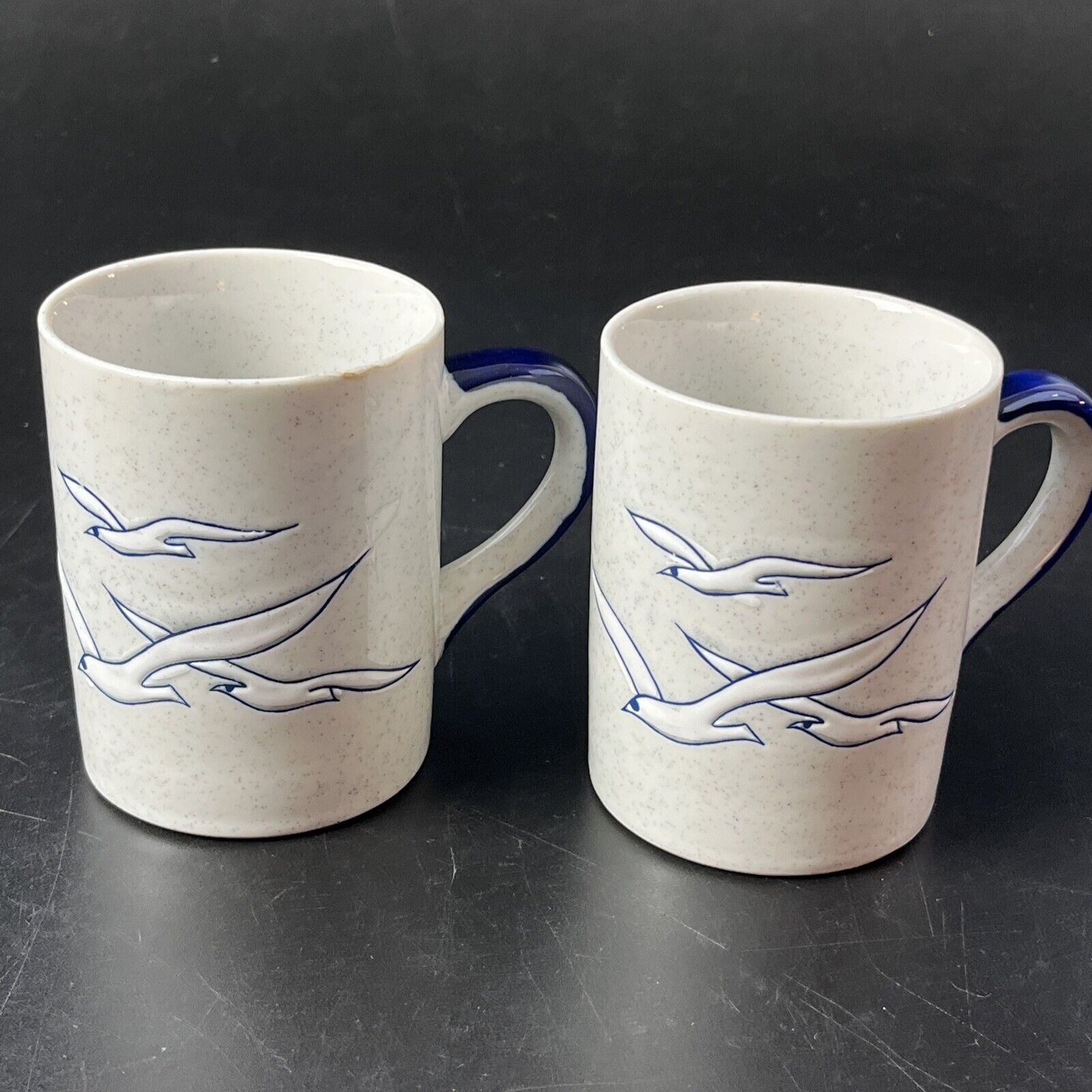 2 Vintage Otagiri Seagulls Nautical Birds Speckled Stoneware Mug Set White Blue