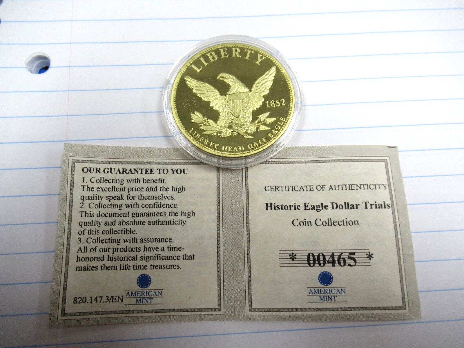 American Mint 1852 Half Eagle Dollar Trial Fantasy 40mm Proof Coin Layered in24K