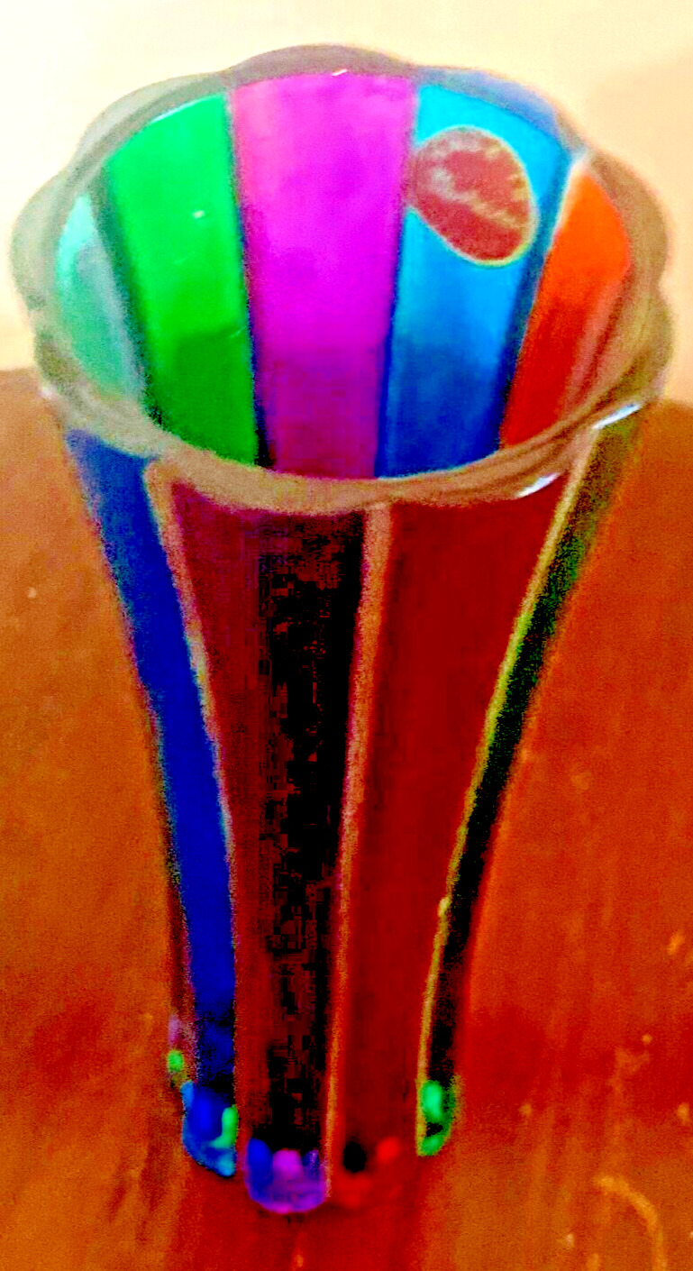 Vintage Italian Murano Rainbow Ribbon Striped Bud Vase MCM Hand Blown-Signed
