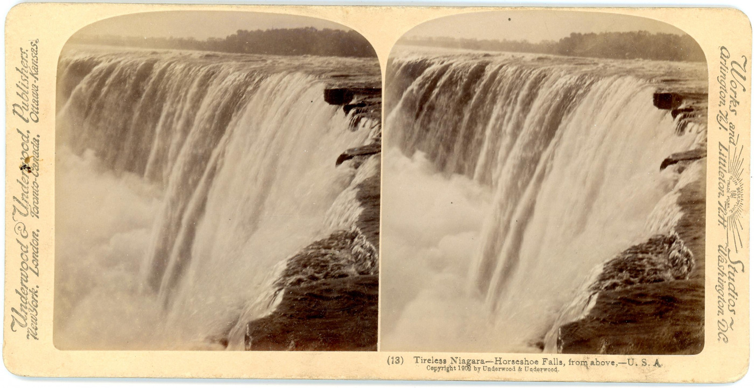 Stereo, USA, Tireless Niagara, Horseshoe falls, from above Vintage stereo card -
