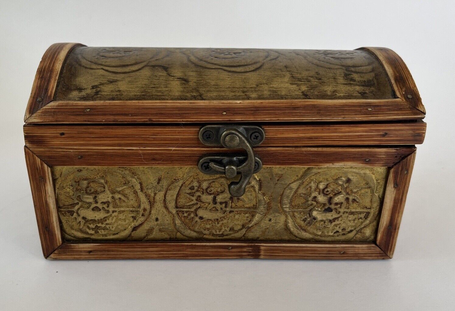 Vintage Box With Decorated Metal  Wood Trim Unique Clasp