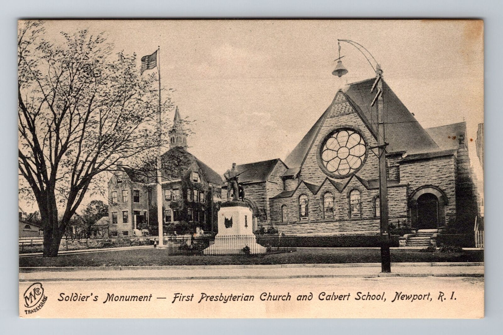 Newport RI-Rhode Island Soldier's Monument Church & School  Vintage Postcard