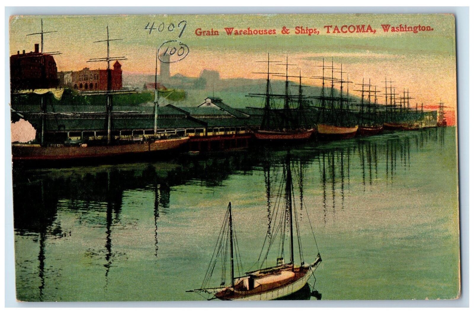 c1950\'s Grain Warehouses Ships Sailboat Building Tacoma Washington WA Postcard